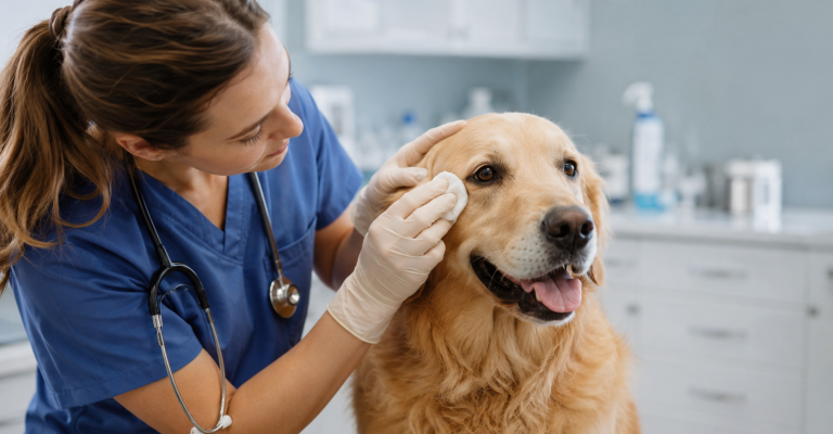 Veterinária examinando os olhos de um cachorro em clínica para cuidados com a saúde ocular pet