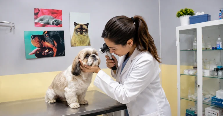 Veterinária examina o olho de um cachorro Shih Tzu durante consulta para avaliação de úlcera de córnea em cães.