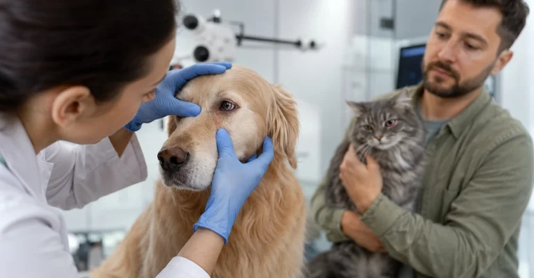 Veterinária examinando o olho de um cachorro em consulta oftalmológica, com tutor segurando um gato ao lado.
