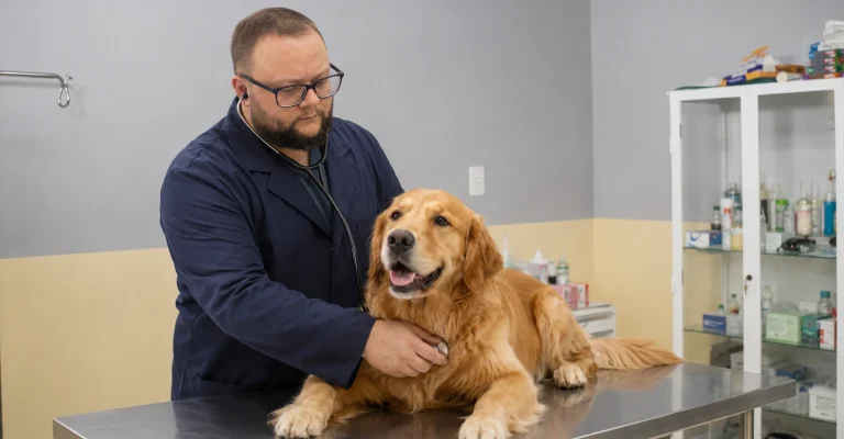 Dr. Mattheus examinando um cão Golden Retriever em consulta de oncologia veterinária na VetCareBH, em Belo Horizonte.