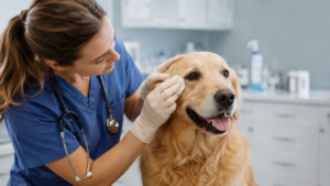 Veterinária examinando os olhos de um cachorro em clínica para cuidados com a saúde ocular pet