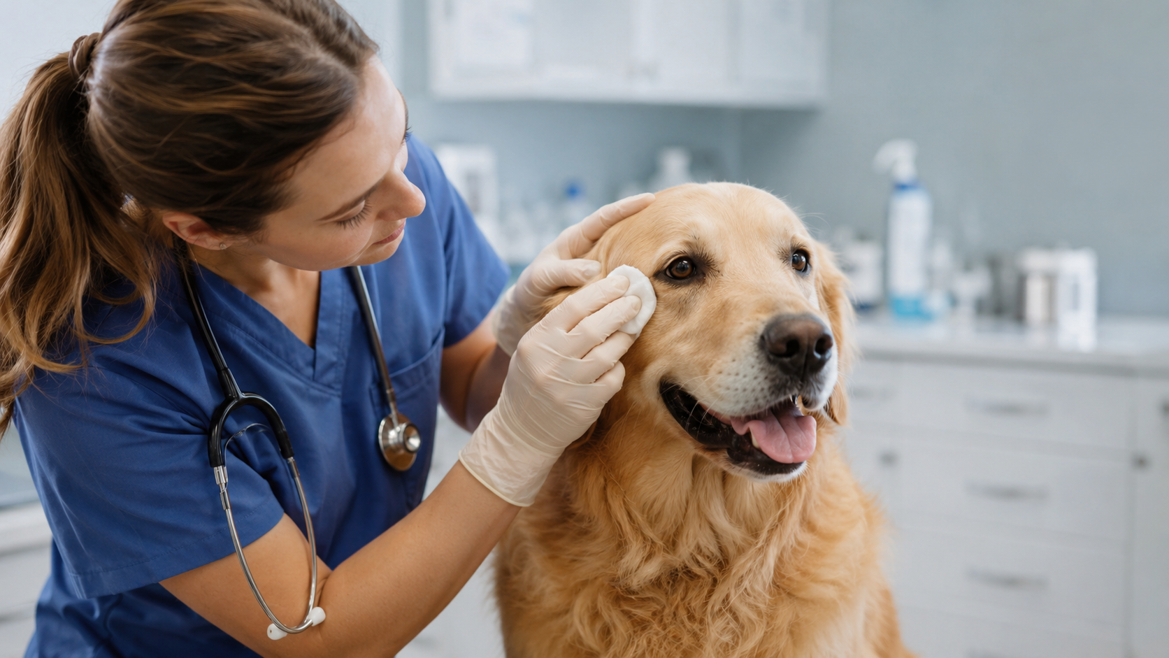 Post1 Veterinária examinando os olhos de um cachorro em clínica para cuidados com a saúde ocular pet