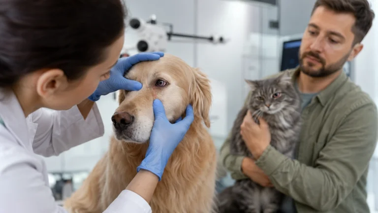 Veterinária examinando o olho de um cachorro em consulta oftalmológica, com tutor segurando um gato ao lado.