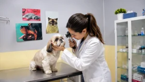 Veterinária examina o olho de um cachorro Shih Tzu durante consulta para avaliação de úlcera de córnea em cães.