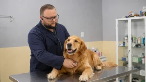 Dr. Mattheus examinando um cão Golden Retriever em consulta de oncologia veterinária na VetCareBH, em Belo Horizonte.