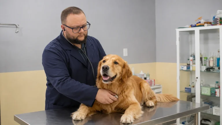 Dr. Mattheus examinando um cão Golden Retriever em consulta de oncologia veterinária na VetCareBH, em Belo Horizonte.