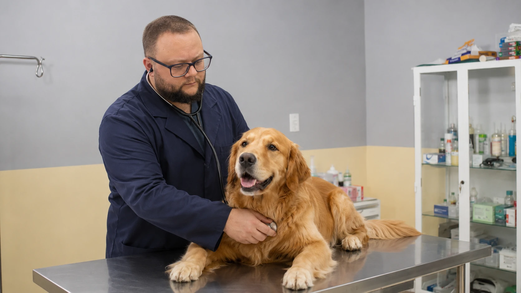 Dr. Mattheus examinando um cão Golden Retriever em consulta de oncologia veterinária na VetCareBH, em Belo Horizonte.