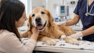 Cão durante sessão de quimioterapia veterinária, acompanhado pela tutora e por profissional da clínica.
