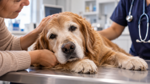Cão golden retriever idoso deitado em uma mesa de atendimento veterinário, recebendo carinho da tutora enquanto é acompanhado por um profissional.