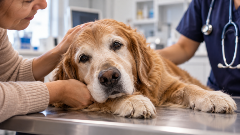 Cão golden retriever idoso deitado em uma mesa de atendimento veterinário, recebendo carinho da tutora enquanto é acompanhado por um profissional.