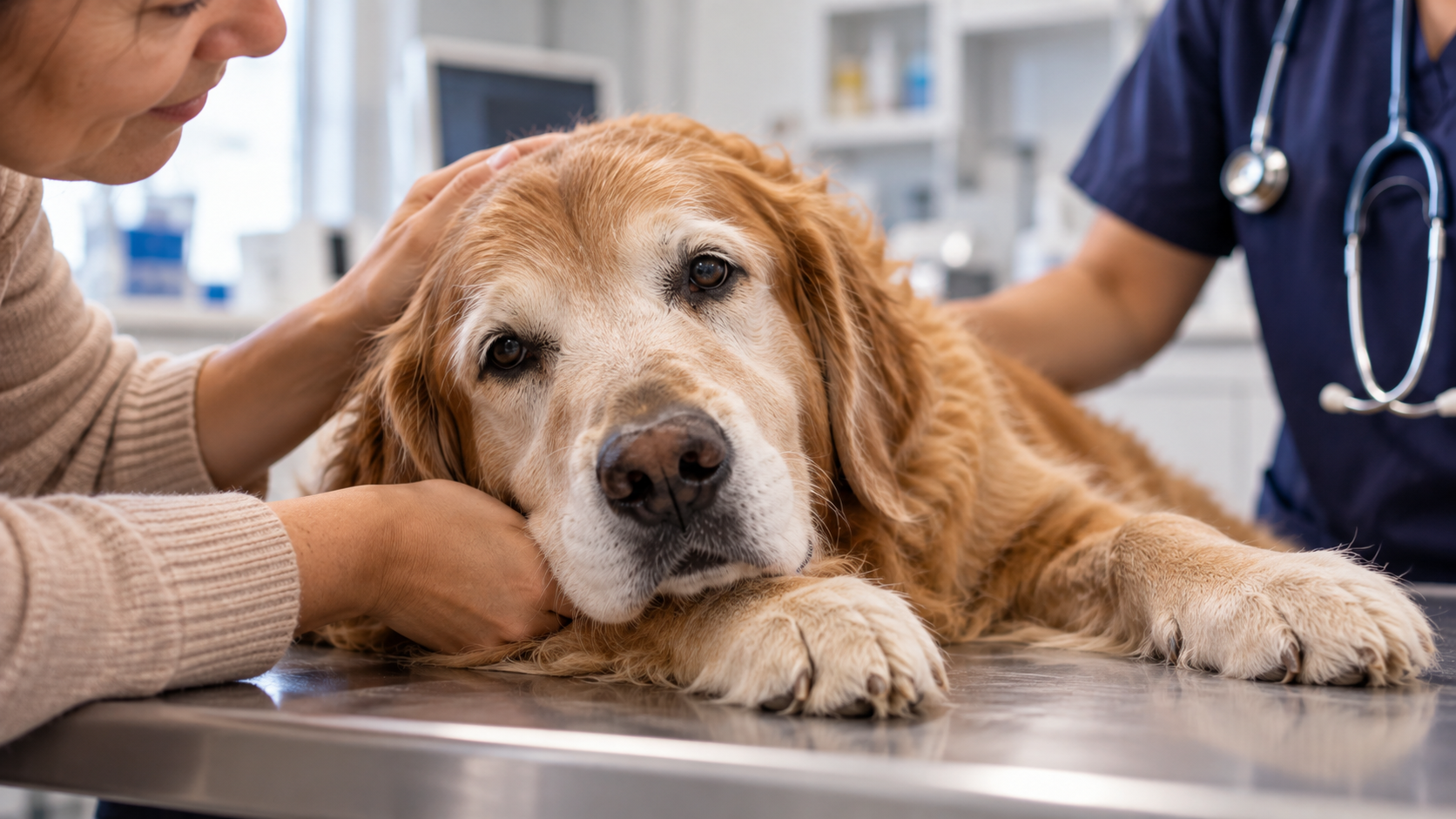 post7 Cão golden retriever idoso deitado em uma mesa de atendimento veterinário, recebendo carinho da tutora enquanto é acompanhado por um profissional.